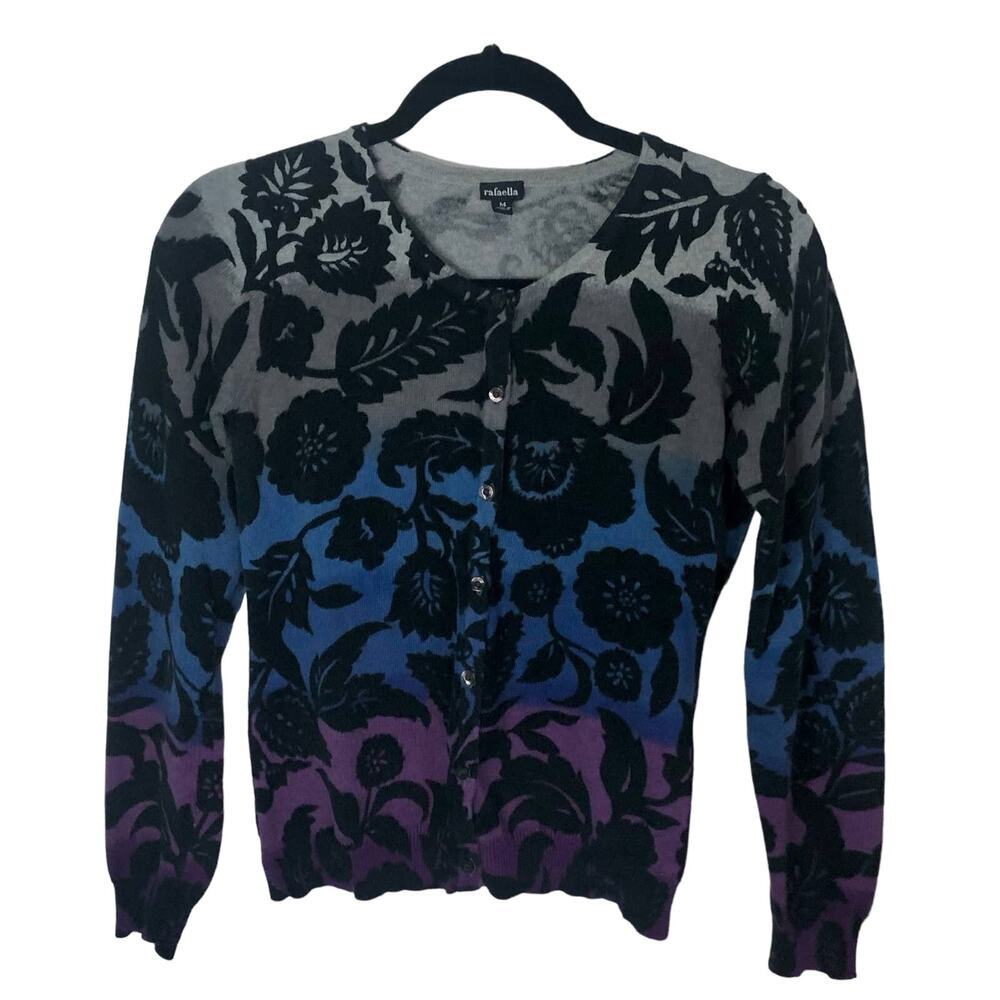 Rafaella Gradient Dyed Ombre Black Floral Long Sleeve Cardigan Cotton Medium